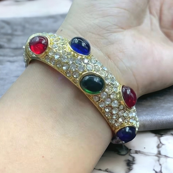 Chunky Mogul Glass Cabochon Pave Zircon Crystal Bangle Clamper Hinged Bracelet - Picture 2 of 5